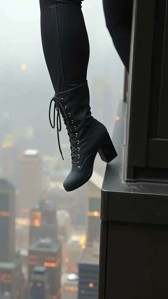 A close-up of a woman's lace-up ankle boots on a rooftop ledge, overlooking a city skyline.
