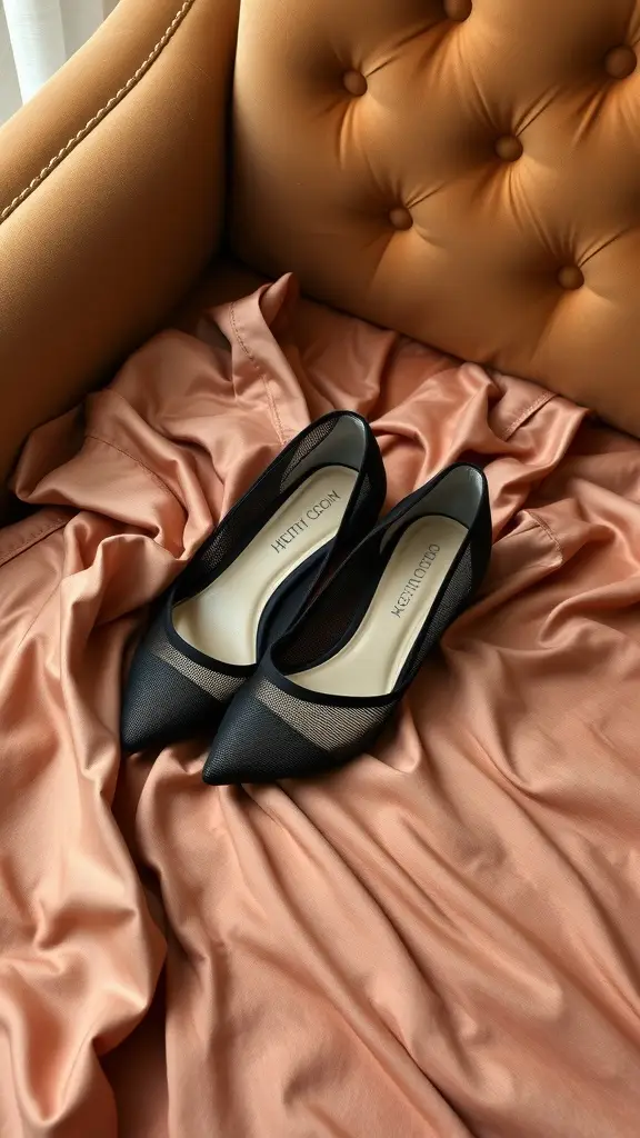 A pair of black mesh stilettos on a silk robe, showcasing elegance and style.