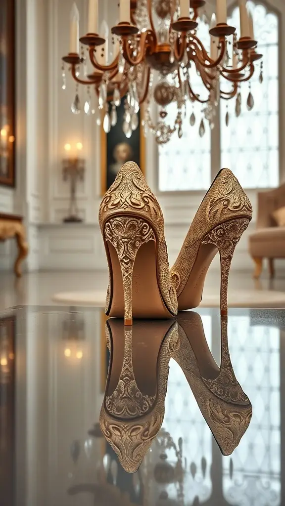 Embroidered gold heels reflecting on a mirror floor in an elegant setting.