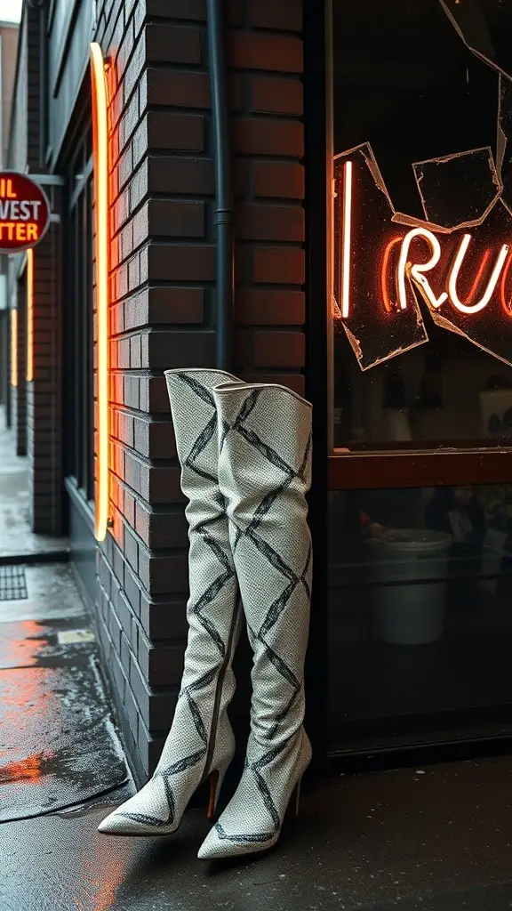 A pair of tall snakeskin boots leaning against a brick wall, illuminated by neon lights.