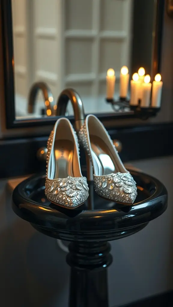 Crystal-covered pumps elegantly displayed on a black pedestal sink.