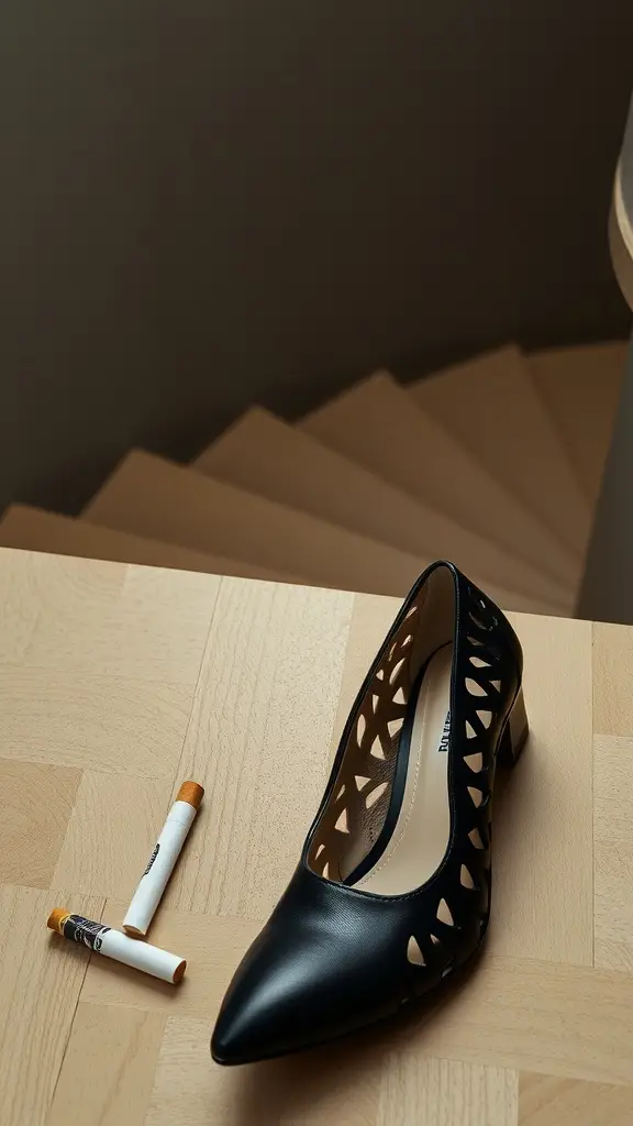 A stylish leather cut-out heel resting on a wooden staircase step, accompanied by two cigarettes.