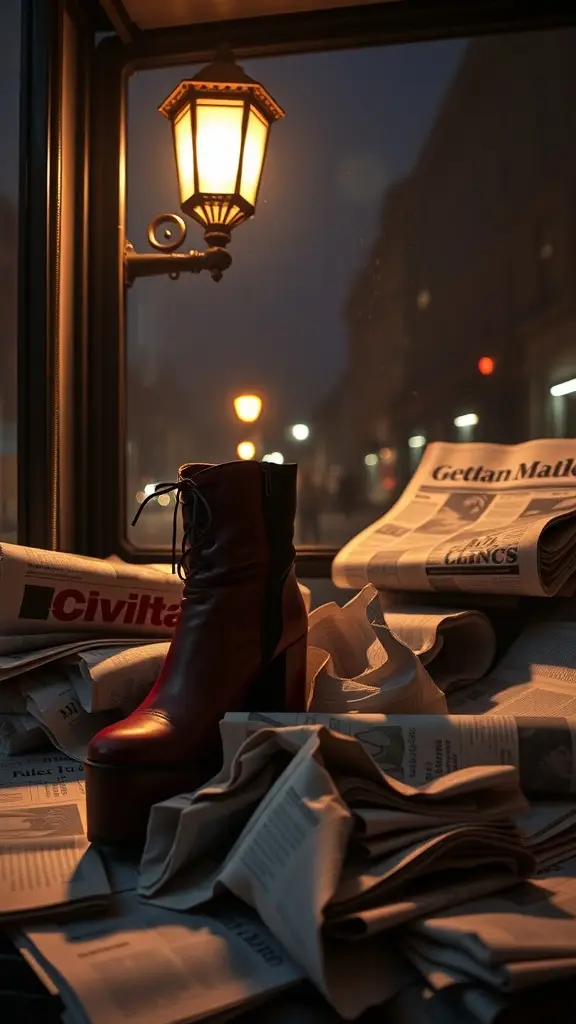 A pair of red velvet platform boots on a newsstand surrounded by crumpled newspapers, illuminated by a warm lamp.