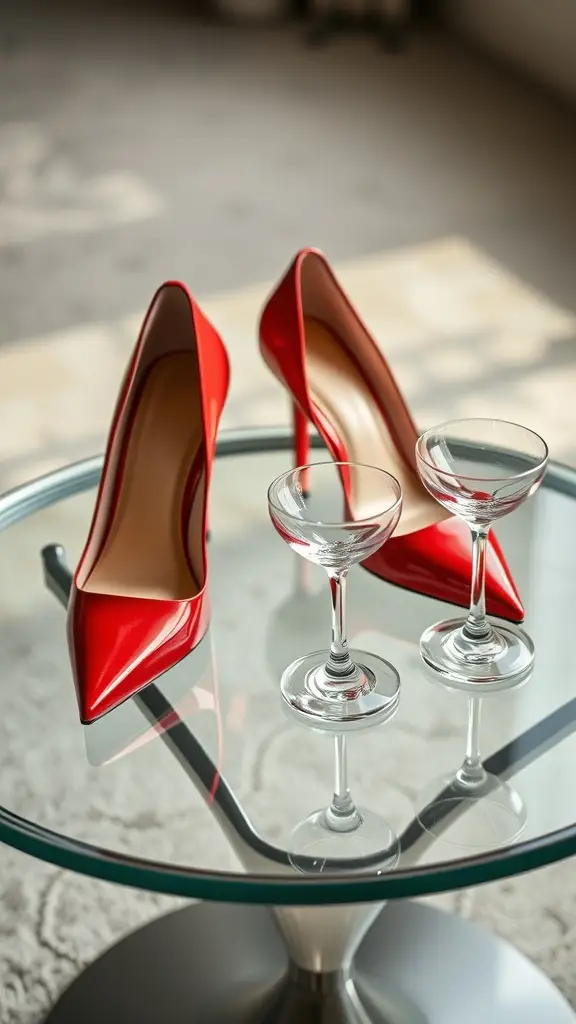 Glossy black stilettos on a glass table, reflecting elegance and confidence.