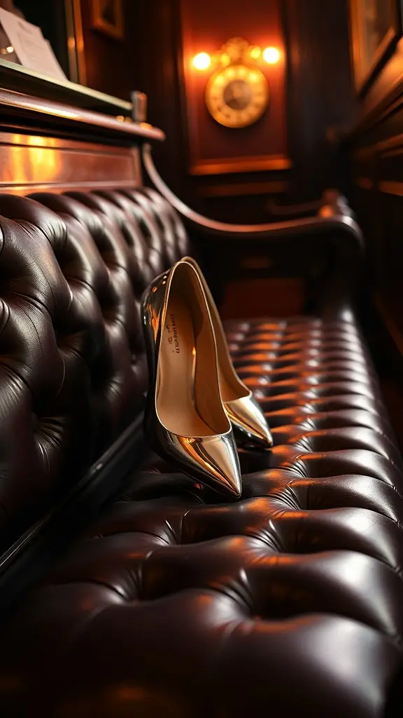 Metallic heels resting on a grand piano bench in an elegant setting
