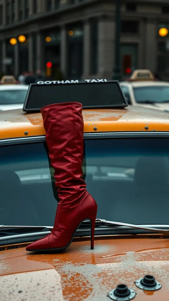 A pair of striking red high-heeled boots on the hood of a yellow Gotham taxi, showcasing a bold fashion statement.