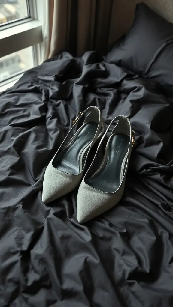 Gotham grey heels on a silk sheet