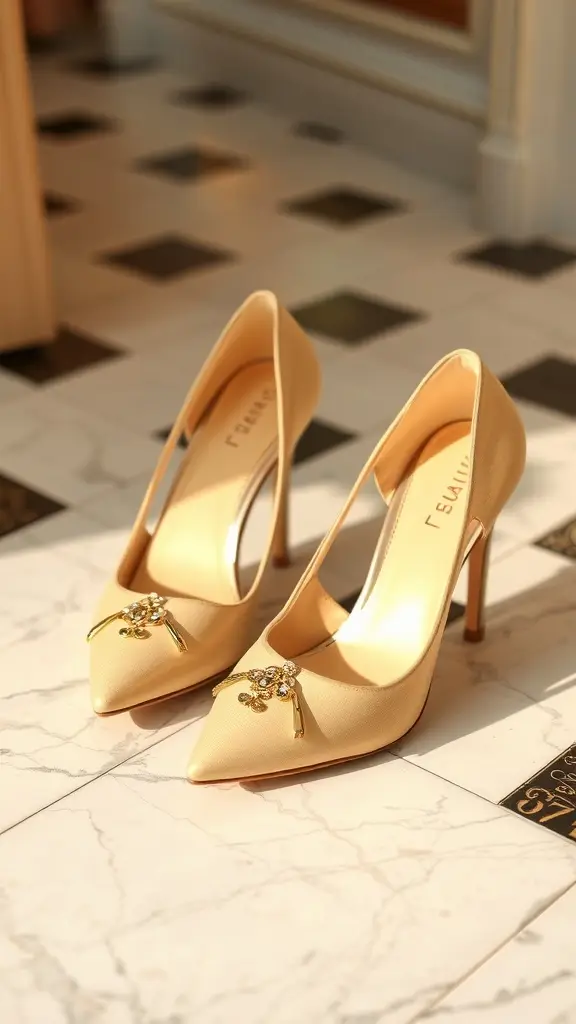 Beige Art Deco heels with embellishments on a marble tile floor