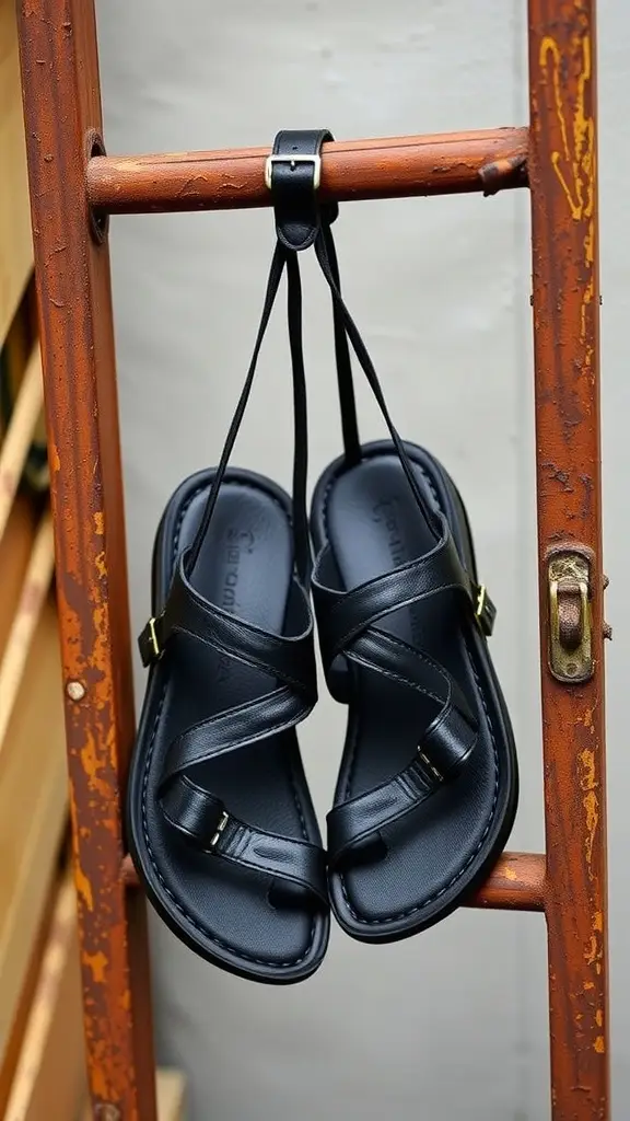 Caged leather sandals hanging on a fire escape ladder
