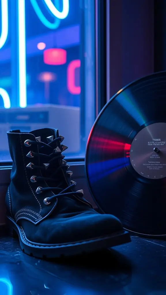 A pair of spiked ankle boots resting on a record player with a colorful neon backdrop.