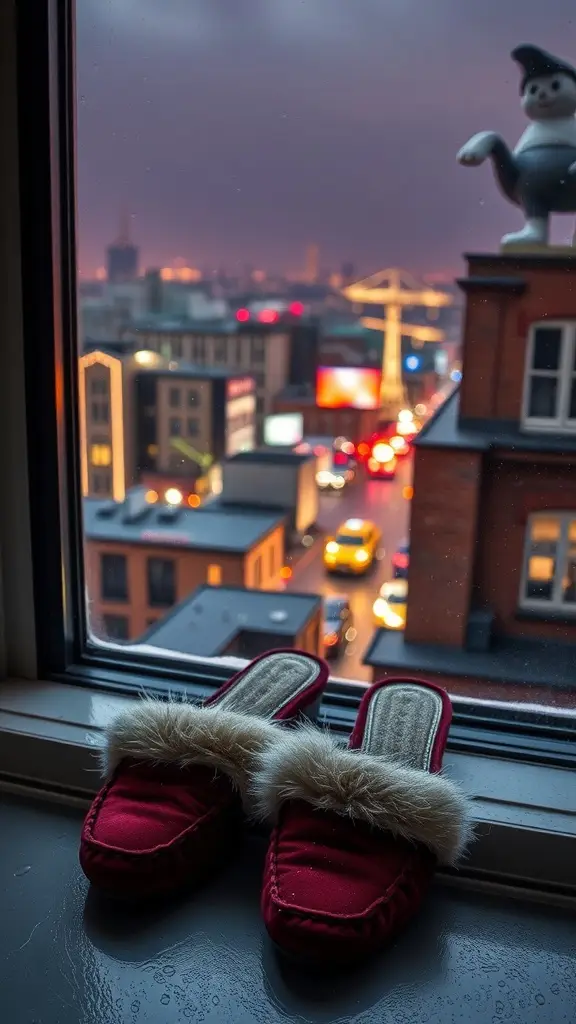 Red velvet mules with fur trim on a windowsill overlooking a cityscape at dusk.