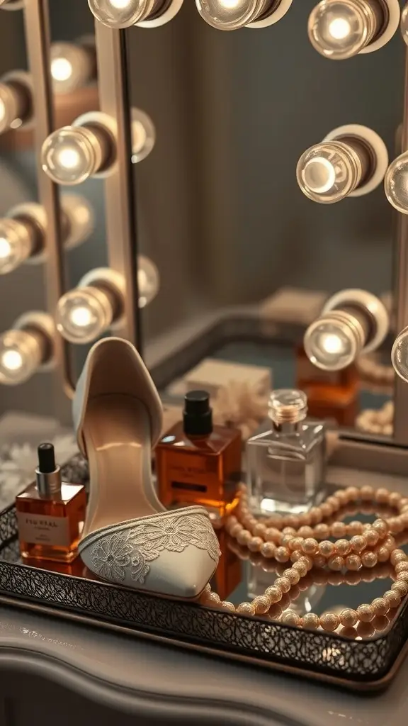 Ivory lace heels on a vanity tray with perfumes and pearls