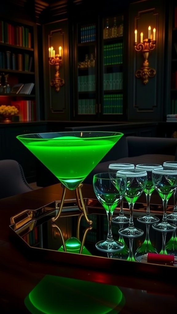 A vibrant green punch bowl filled with refreshing drink and garnished with mint leaves.