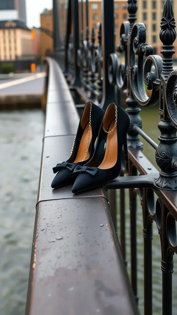 Black chain detail pumps with a bow on a bridge railing overlooking water