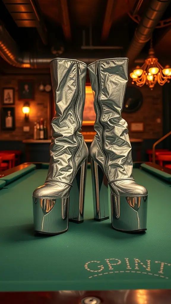 A pair of shiny silver platform boots on a green pool table.