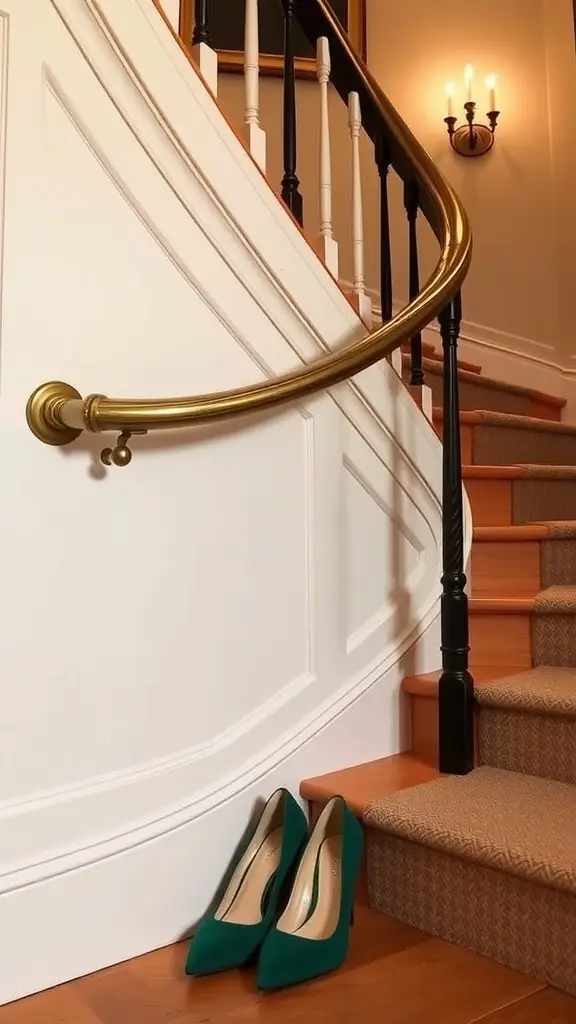 Teal suede heels hanging from a wooden staircase banister