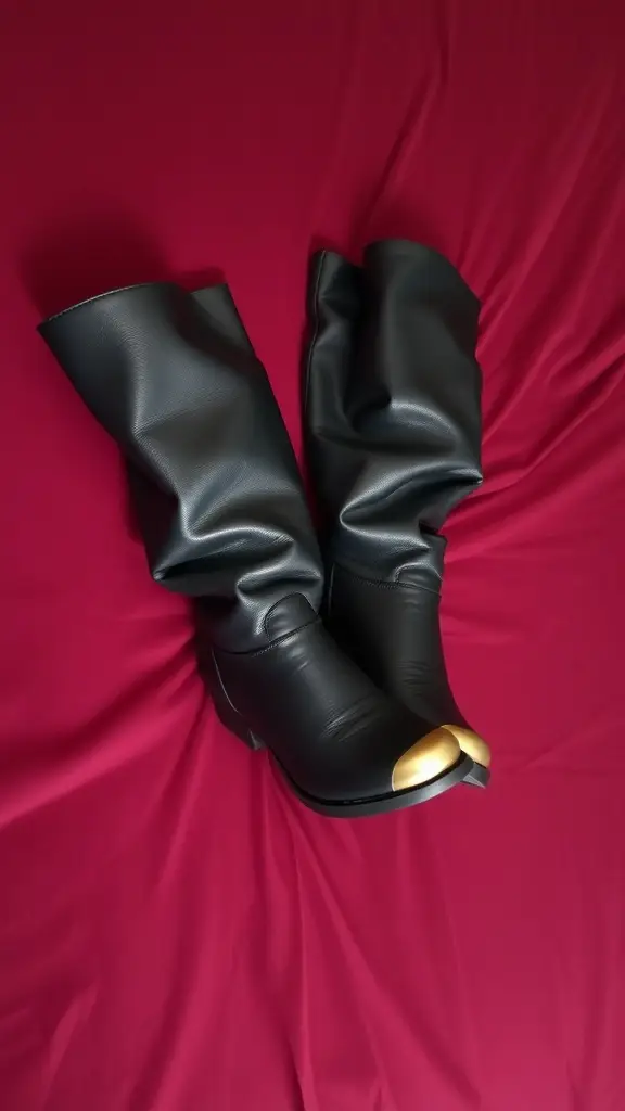 Gold-toe black leather boots on a red velvet bedspread