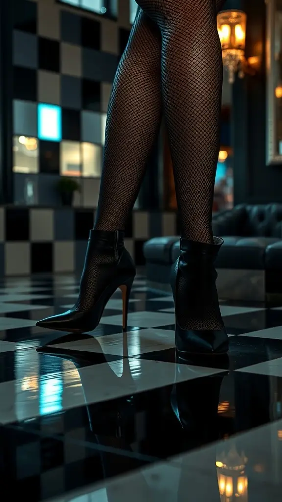 A close-up of stylish mesh-panel pumps on a black and white checkered floor, showcasing a confident and edgy look.