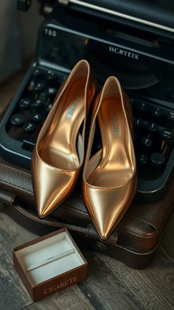 Bronze heels placed on a vintage typewriter case, showcasing elegance and style.