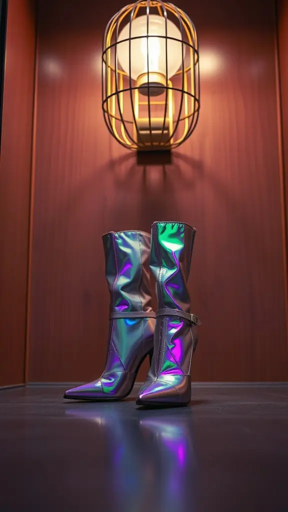 A pair of holographic booties on an elevator floor with a warm light fixture in the background.
