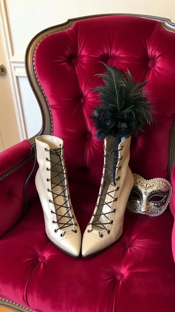 A pair of laced heels on a dressing room chair, showcasing luxury and elegance.