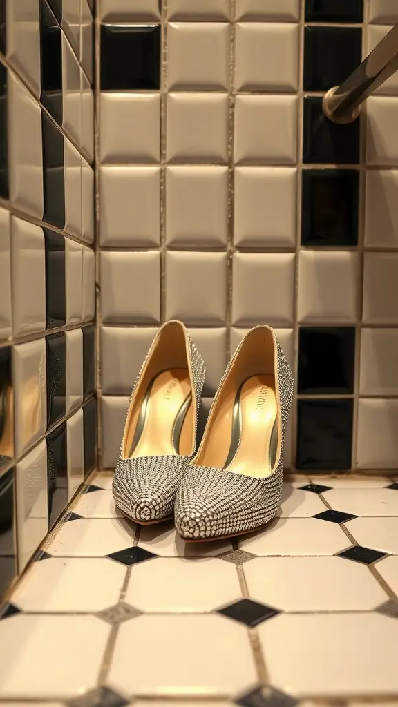 A pair of rhinestone pumps on a checkerboard tile floor.