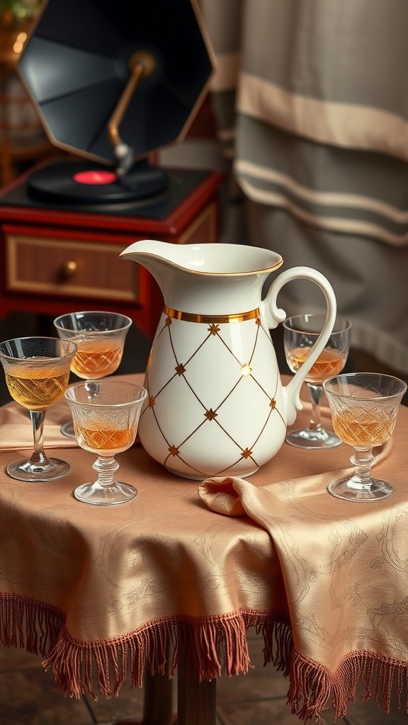A ceramic Art Deco jug filled with a light, lemon-lavender drink, surrounded by elegant glasses.