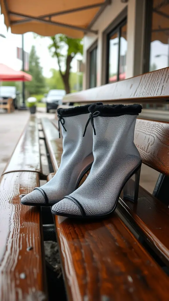A pair of stylish sheer booties on a wooden bench in a Gotham alley.