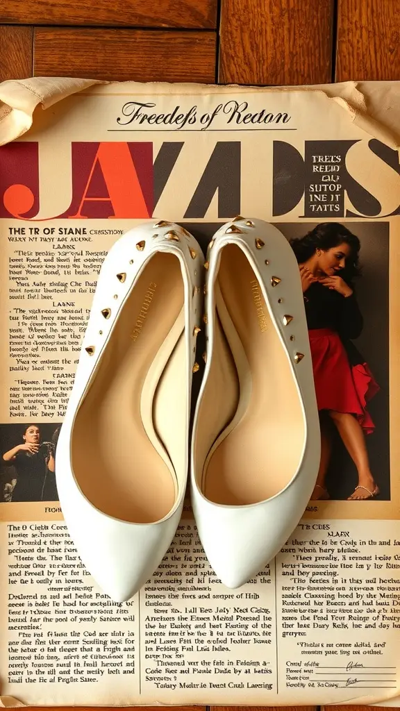 Ivory studded heels placed on a vintage record sleeve