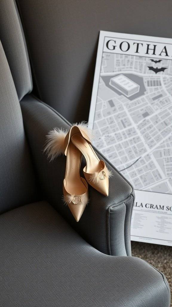A pair of feathered heels resting on a silk armchair with a Gotham map in the background.
