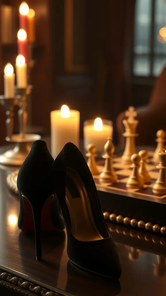 Black velvet heels on a chessboard in a stylish setting