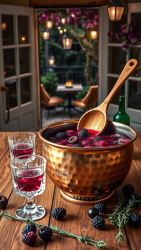 A large bowl of blackberry bourbon punch with glasses beside it