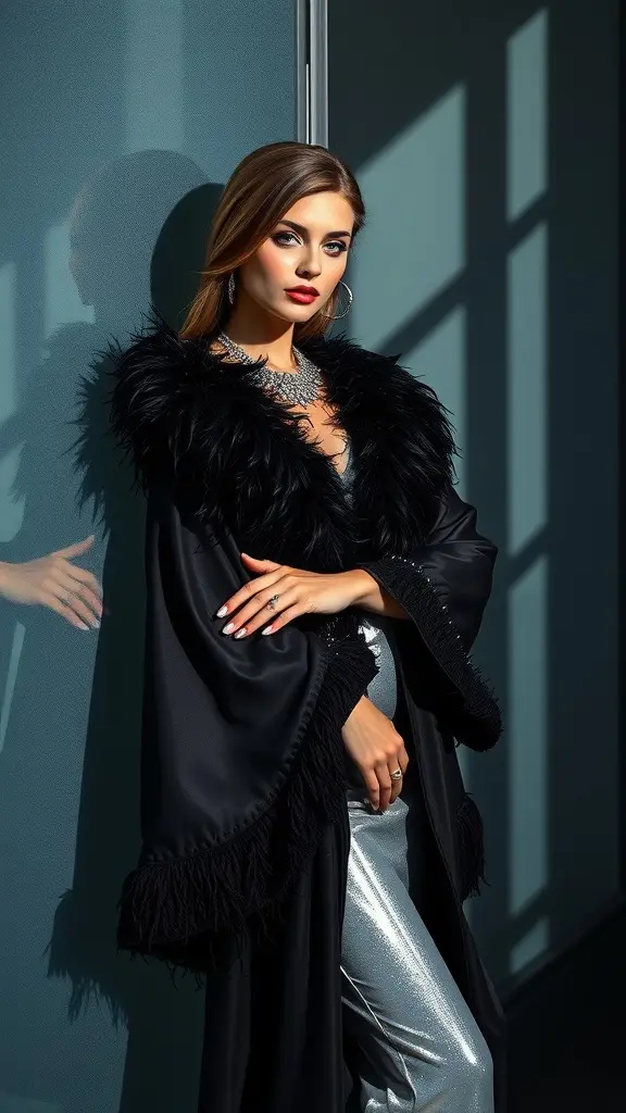A model in a feathered black robe and silver outfit, standing against frosted glass, showcasing a glamorous Gotham-inspired lingerie look.