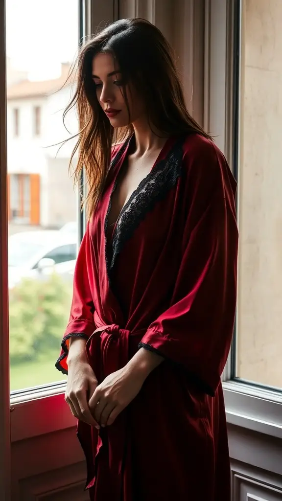A model in a red robe with lace details, standing by a window, showcasing elegance and allure.