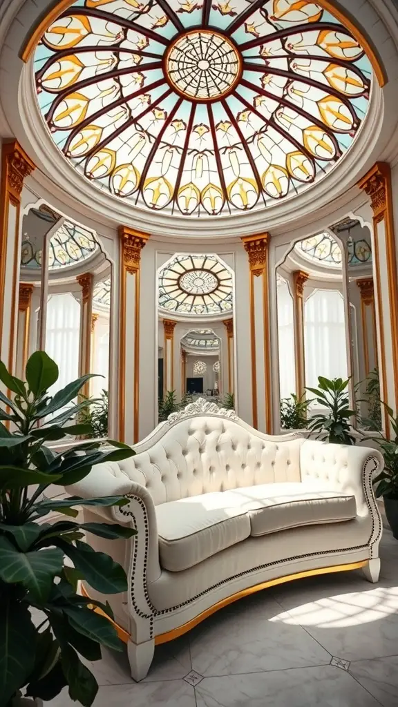 A pearl white vintage couch with tufted design and golden trim in a Deco Atrium with a stained-glass dome ceiling and plants.