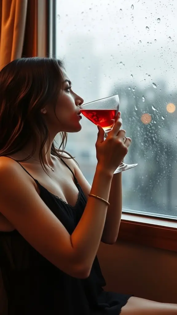 A woman in black lingerie sipping a red drink by a rain-soaked window.