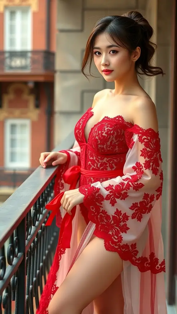 A model in red lace lingerie stands on a balcony, showcasing a sultry and elegant look.