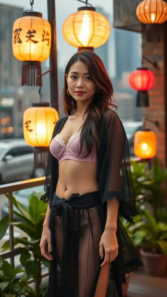 A model in pink lingerie and a sheer black robe stands among glowing lanterns, embodying elegance and allure.
