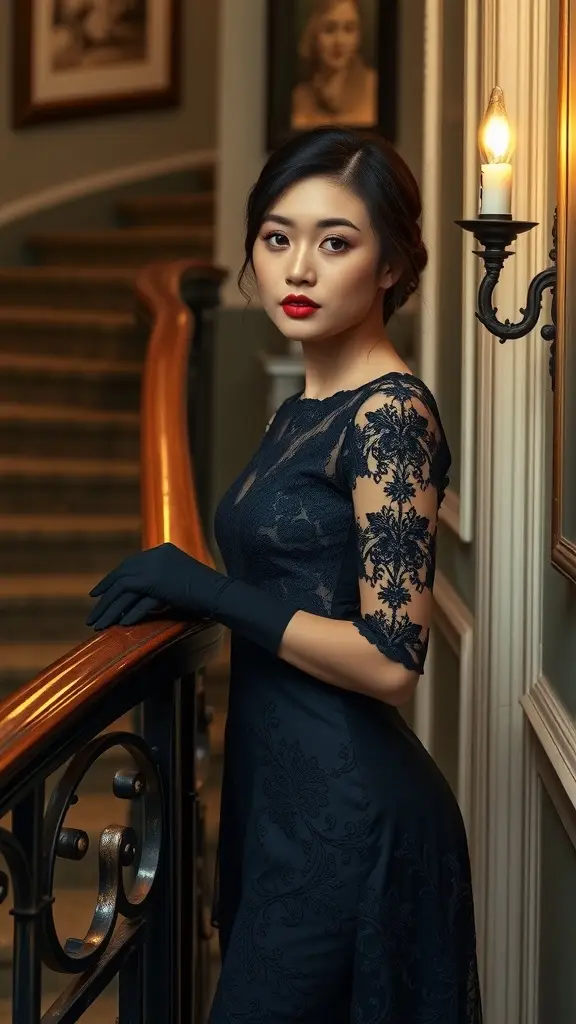A model in a deep blue lace dress and gloves poses by a staircase, illuminated by candlelight.