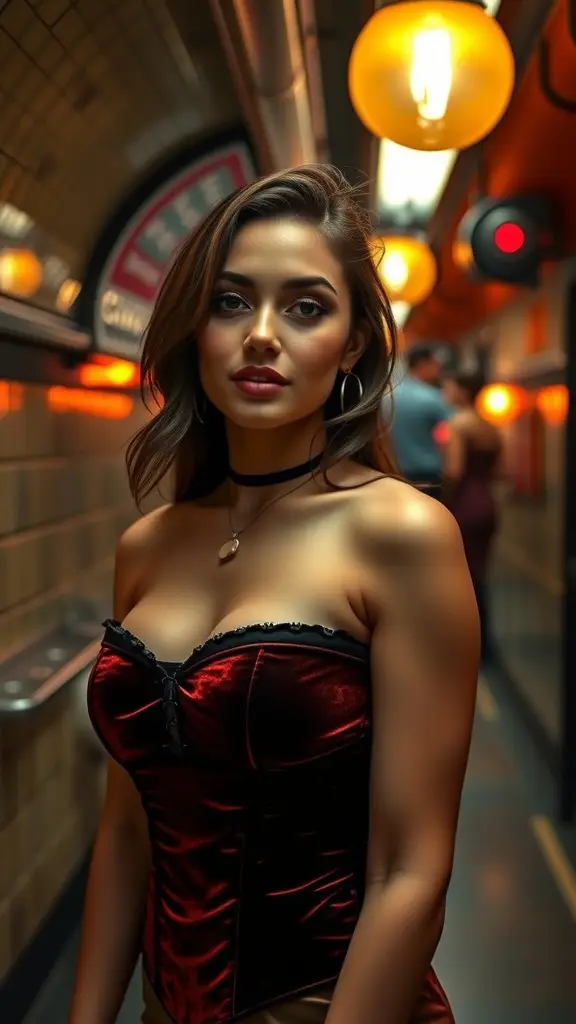 A model wearing a red velvet corset in a subway-like environment, showcasing a bold and sultry look.