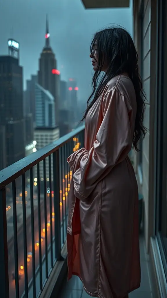 A woman in a pink silk robe stands on a balcony overlooking a rainy cityscape with skyscrapers.