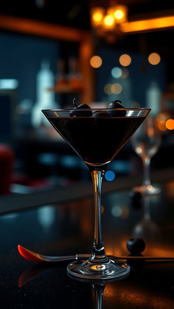 A dark martini served in a crystal glass, garnished with black olives, set against a moody Gotham skyline.