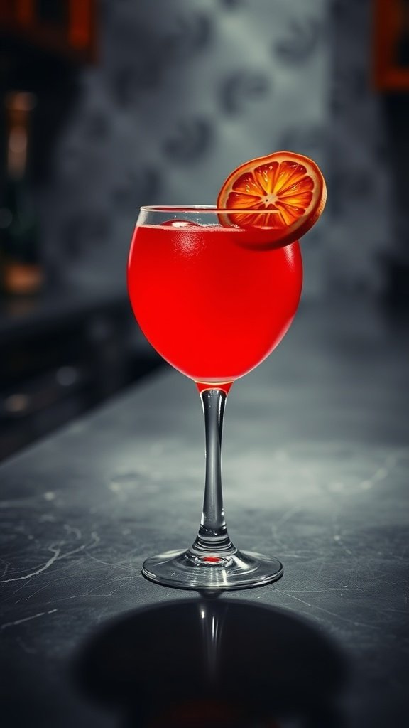 A vibrant Blood Orange Cocktail served in a crystal glass, garnished with a slice of blood orange.