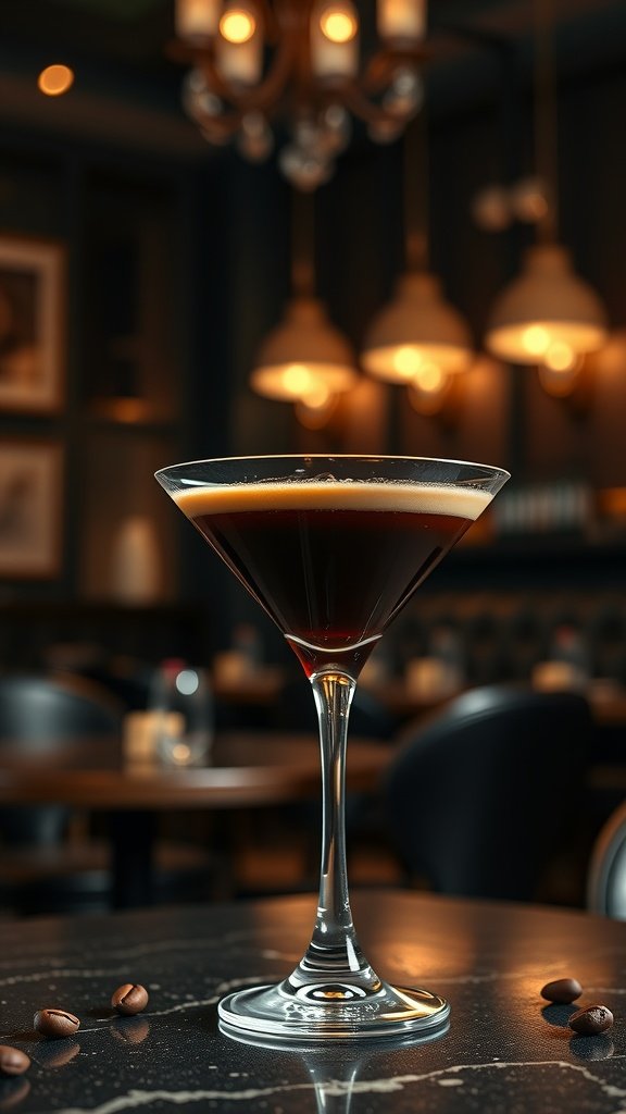 A beautifully crafted Espresso Martini served in a crystal glass, set against a dimly lit bar with warm lighting.
