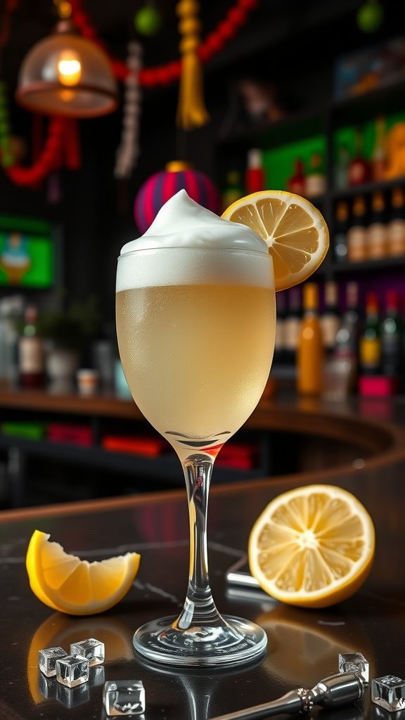 A playful gin fizz cocktail garnished with a lemon wheel, served in a crystal glass, set against a vibrant bar background.