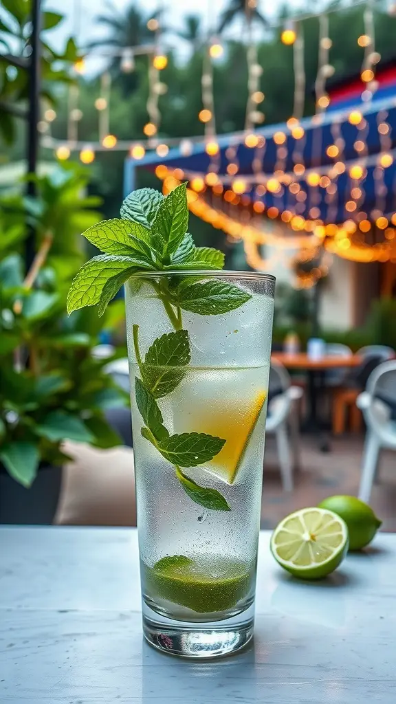 A refreshing mojito cocktail with mint and lime, served in a tall glass, set against a backdrop of twinkling lights.
