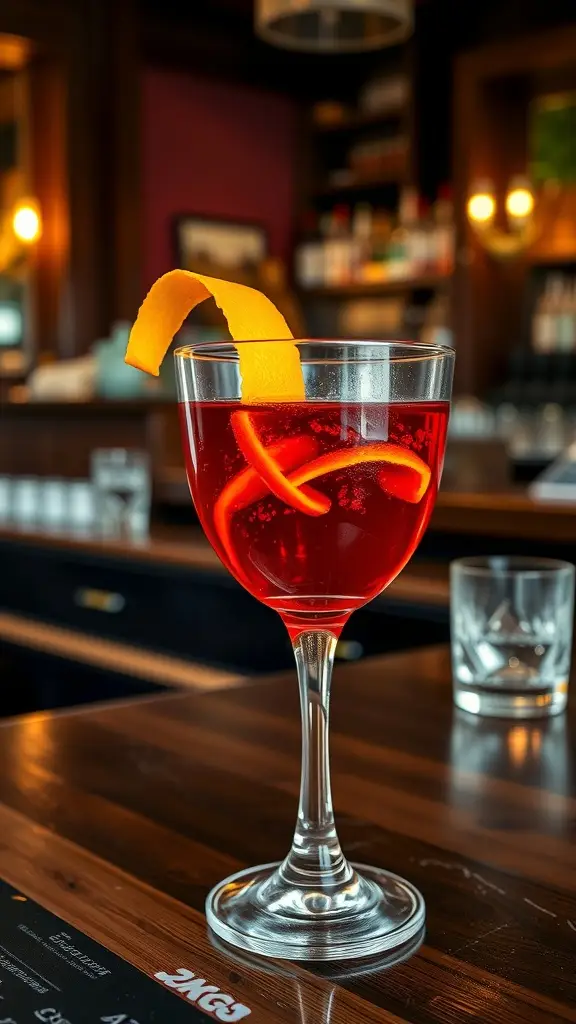 A classic Negroni cocktail served in a crystal glass with an orange peel garnish.