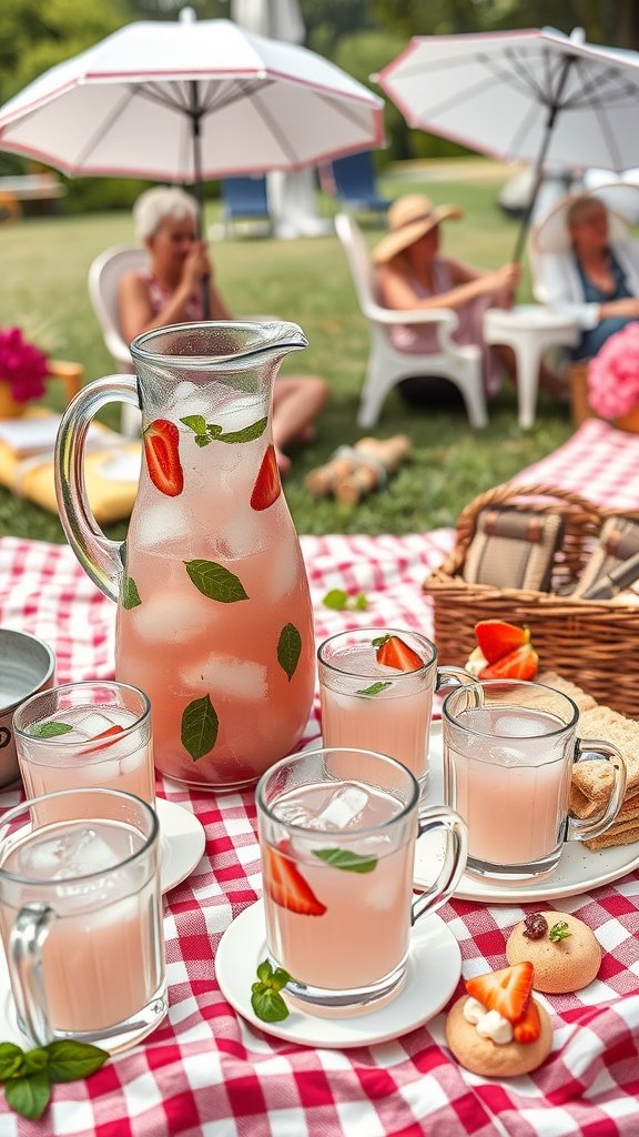 A pitcher of Strawberry Basil Blush Punch with glasses on a picnic table.