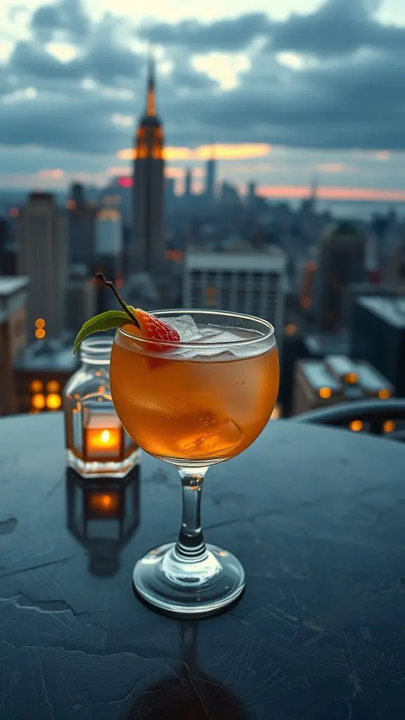 A Gotham City Sour cocktail served in a crystal glass, garnished with a lemon twist and cherry, overlooking a city skyline.