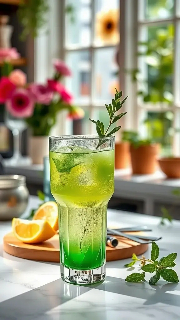 A refreshing green cocktail in a crystal glass, garnished with mint, surrounded by lemon slices and a bright, floral background.